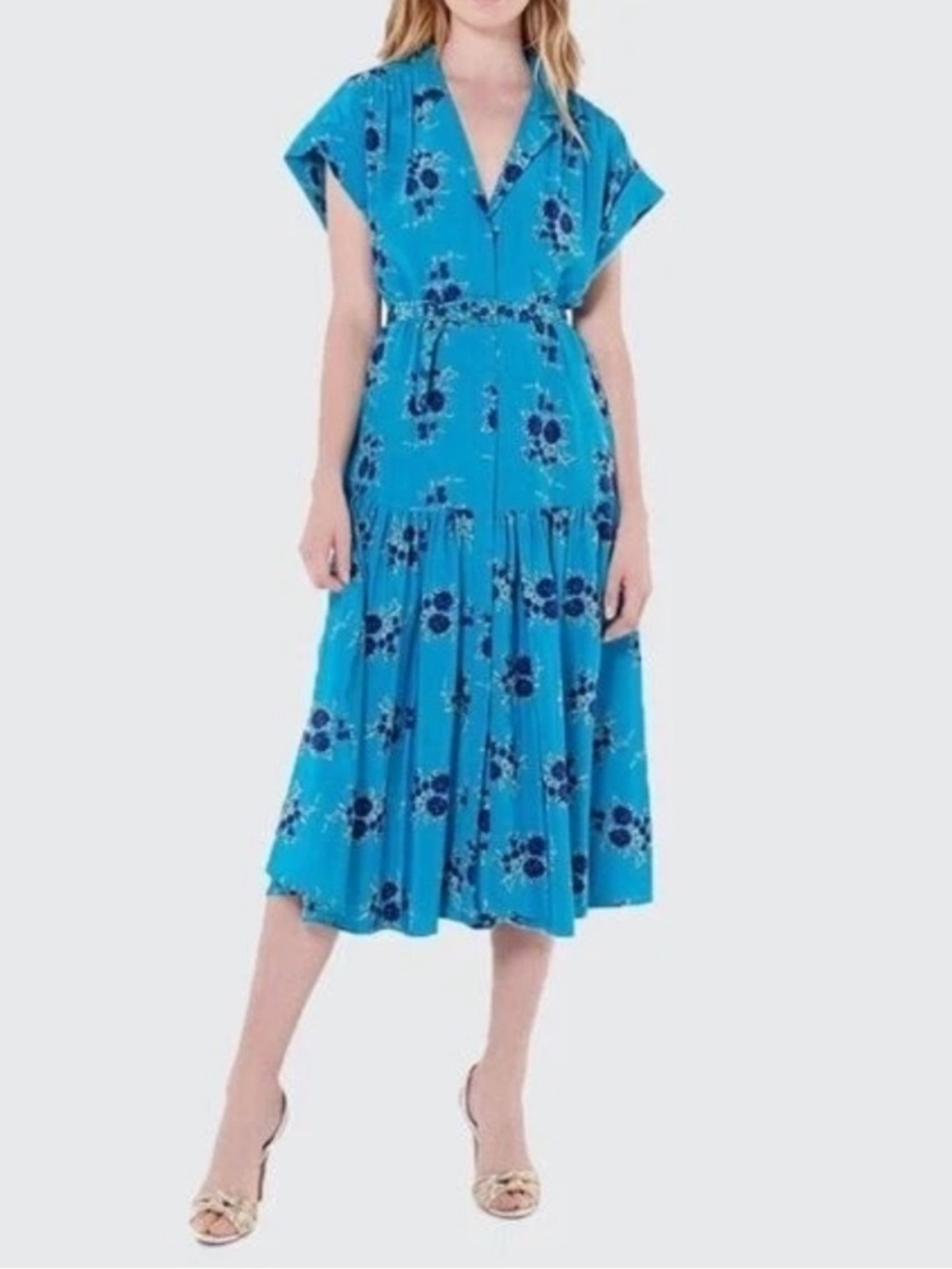 VERONICA BEARD WOMENS MEAGAN SILK BUTTON DOWN BLUE MIDI FLORAL DRESS 8